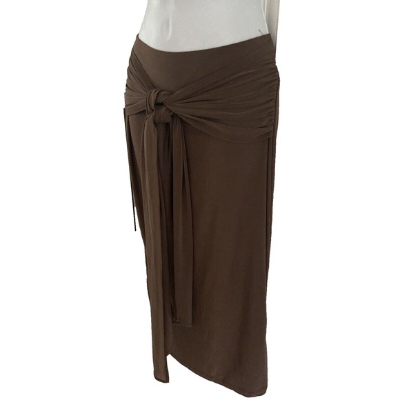 London Rose Women Straight Pencil Skirt Size L Brown Knit Elastic Waist Ties NWT - Picture 9 of 11